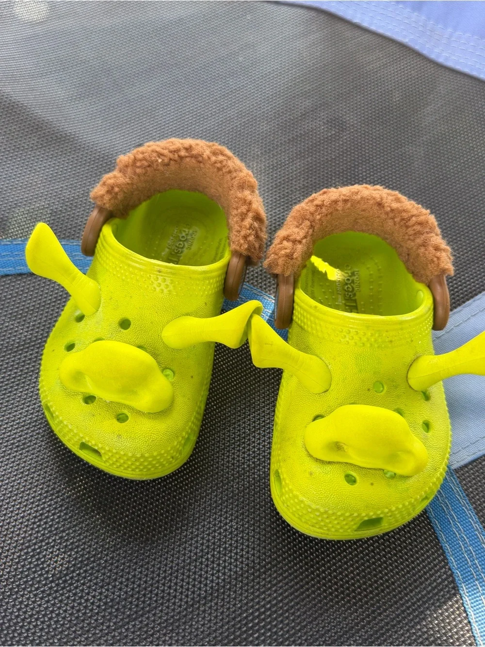 CROCS Kids Neon Lime Clog Sandals with Brown Faux Fur Trim